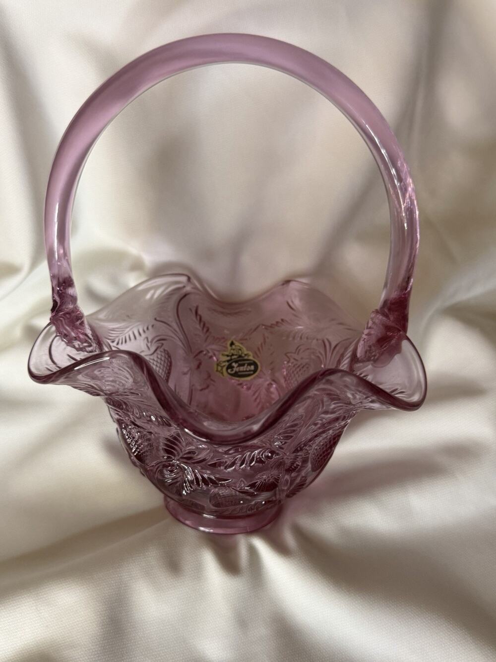 FENTON Art Glass Cranberry Irredecent Ruffled Strawberry Footed Basket w/Handle